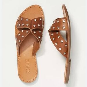 Schutz Women's Gem-Studded Slip-On Leather Flat Slide Sandals Brown Size 7
